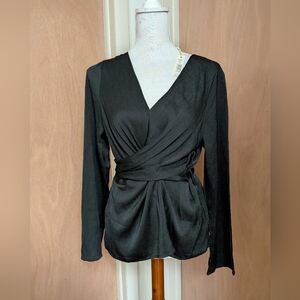 Max Studio Black Faux Wrap Blouse Draped Waist Long Sleeve Top Size L NWT